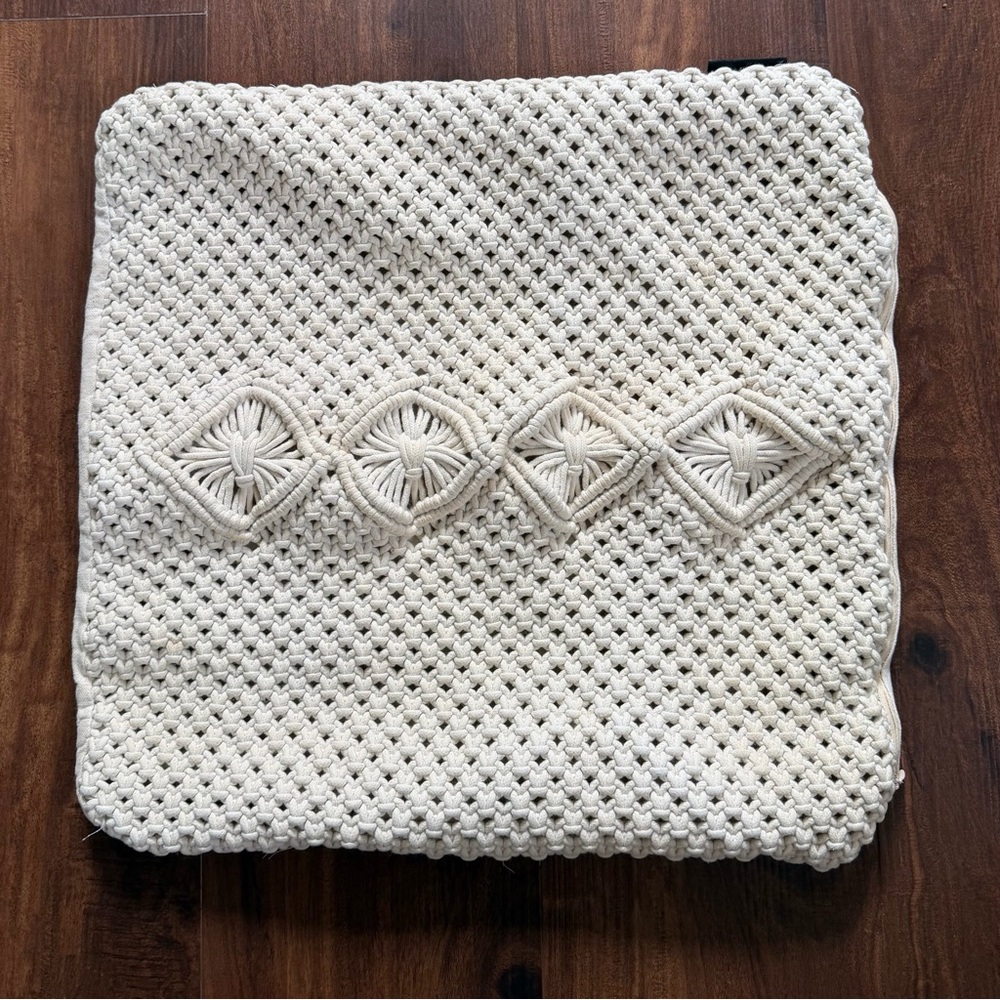 Tahari Home Macrame Pillow Cover Cream 17x17 Boho Textured Diamond Knot Cushion
